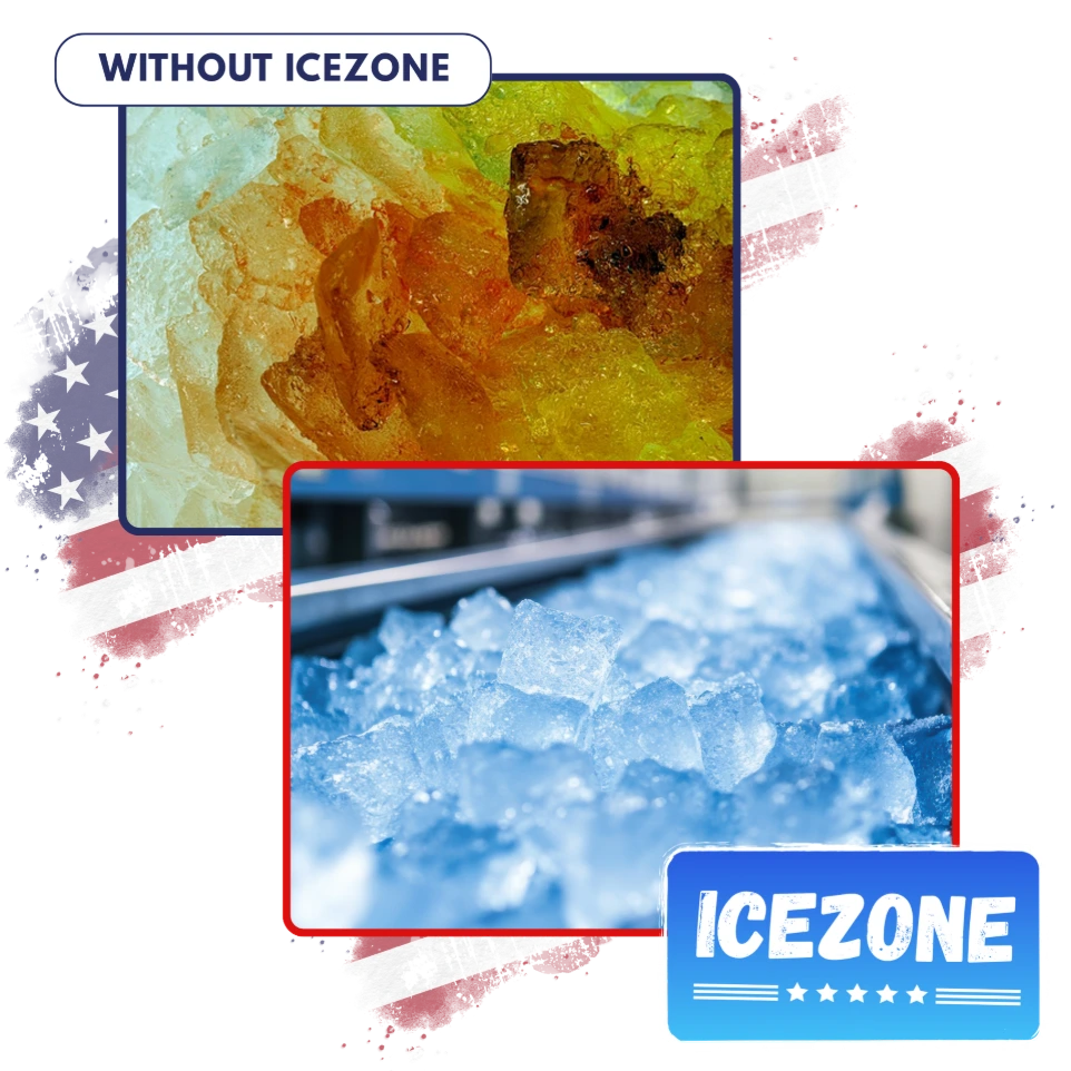 Ice cubes before and after Icezone hygiene treatment