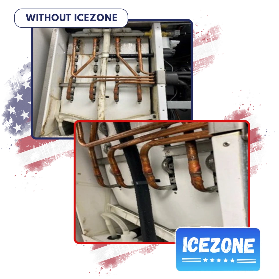 Ice machine internal components before and after Icezone installation