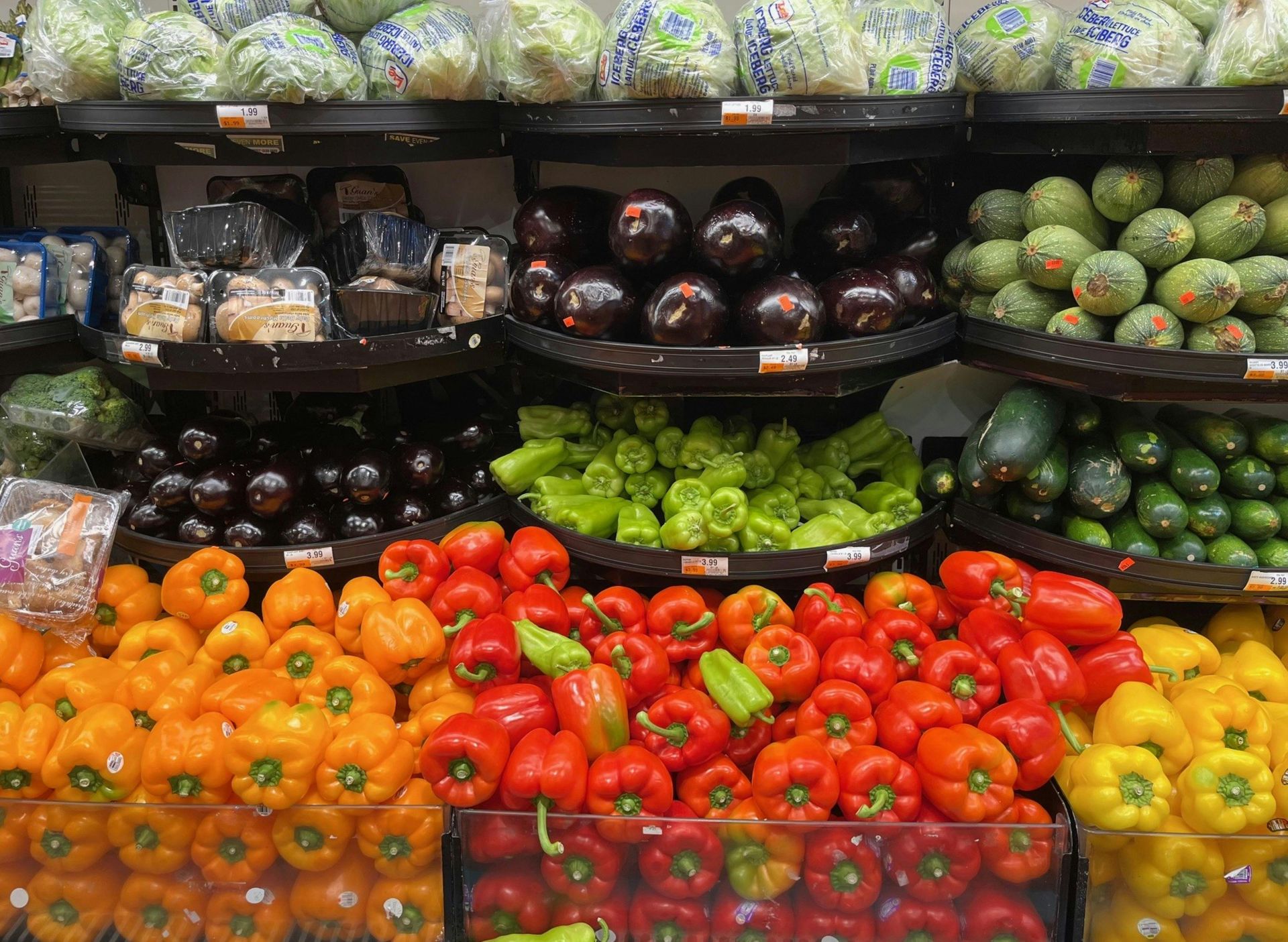 Fresh produce display in commercial grocery store refrigeration